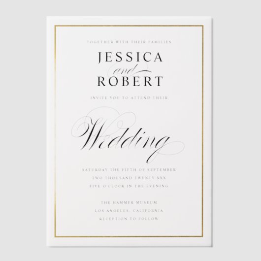 Invitations En Vélin Elegant Script Faux Gold Border Wedding (Recto)