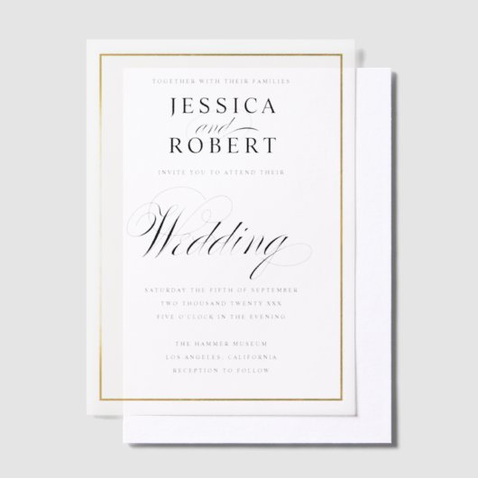 Invitations En Vélin Elegant Script Faux Gold Border Wedding (Compenser)