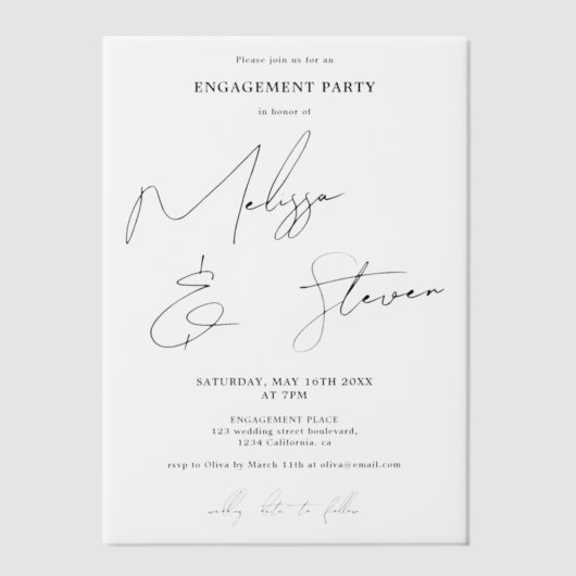 Invitations En Vélin Élégant script moderne Fiançailles noir blanc (Recto)