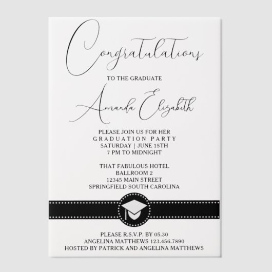 Invitations En Vélin Élégant script noir Soirée de graduation élégante (Recto)