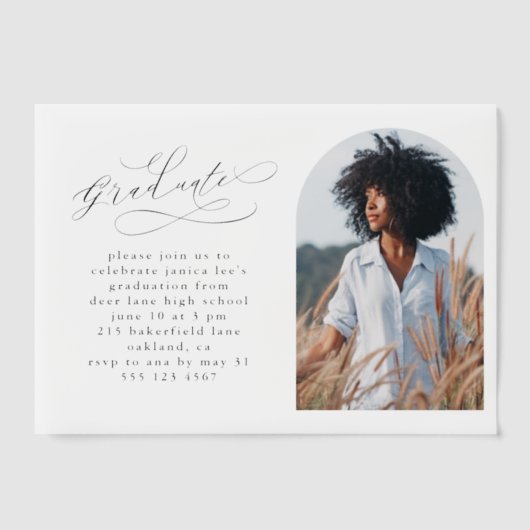 Invitations En Vélin Élégant Script Photo Arch Graduation Party (Recto)