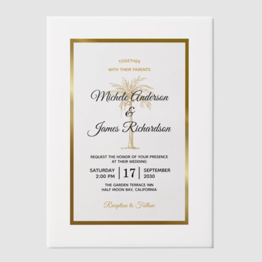 Invitations En Vélin Elégant Tropical Gold Palm Tree Beach Mariage (Recto)