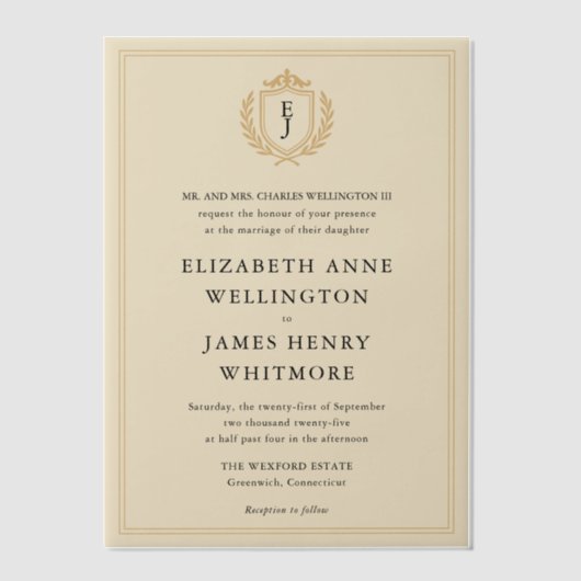 Invitations En Vélin Elégant vieil argent Crest - ivoire et Mariage or (Recto)