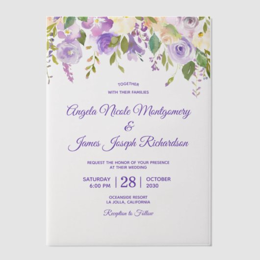 Invitations En Vélin Elégante Aquarelle violette Florale Mariage modern (Recto)