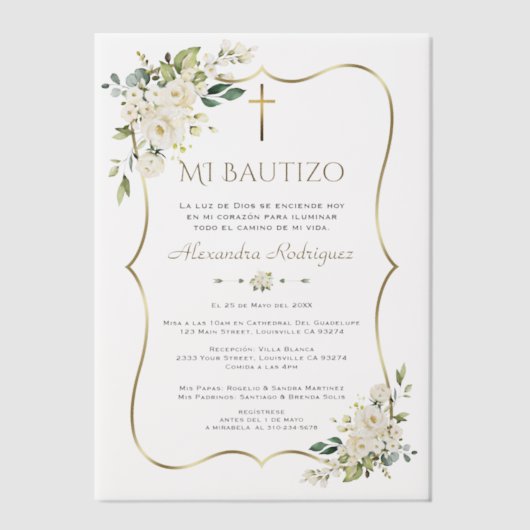 Invitations En Vélin Elegante Bautizo Con Blanca Flores Gold Baptism (Recto)