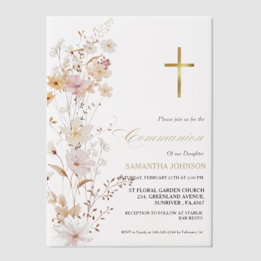 Invitations En Vélin Élégante fille Fleur sauvage première sainte commu (Recto)