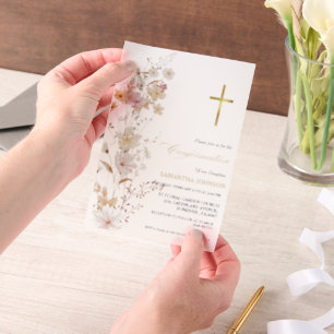 Invitations En Vélin Élégante fille Fleur sauvage première sainte commu