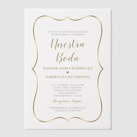 Invitations En Vélin Elegante Gold Espagnol Nuestra Boda Mariage (Recto)