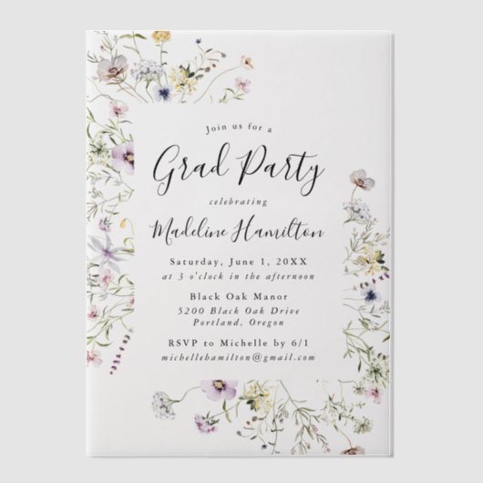 Invitations En Vélin Élégante subtile Fleur sauvage fête de graduation (Recto)