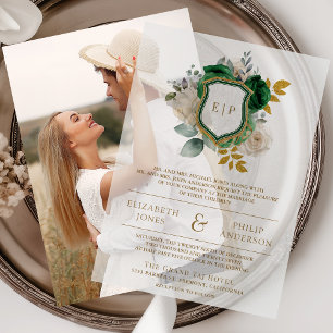 Invitations En Vélin Emerald Green Floral Crest Mariage