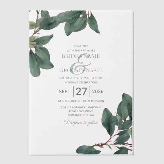 Invitations En Vélin Eucalyptus Vert clair Mariage transparent (Recto)