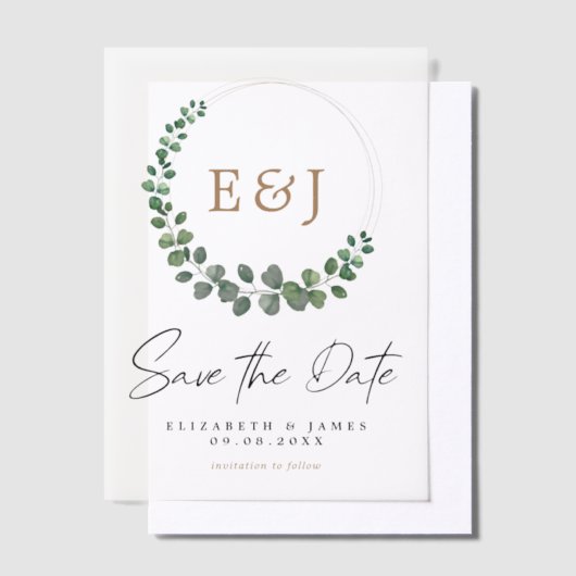 Invitations En Vélin Eucalyptus Wreath Sage Vert & Or Enregistrer La Da (Compenser)