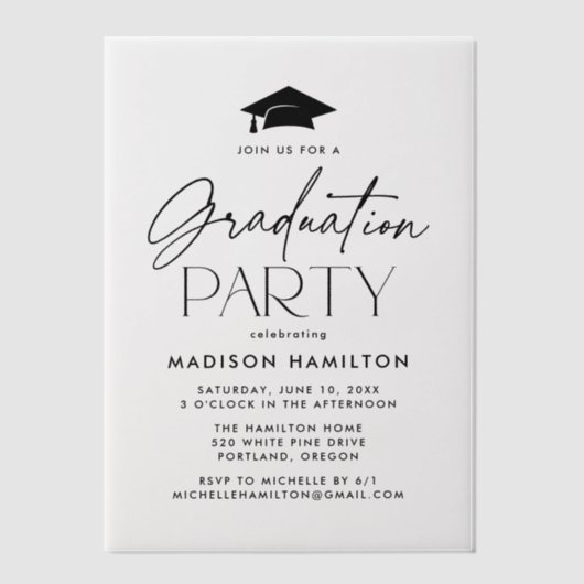 Invitations En Vélin Fête de graduation de script noir moderne (Recto)