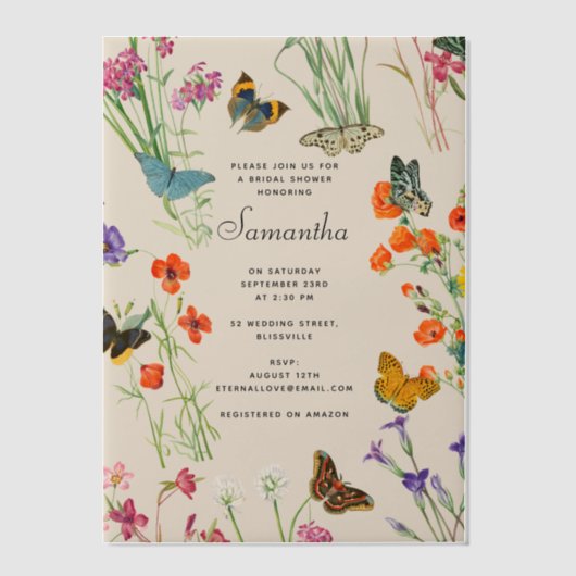 Invitations En Vélin Fête de mariage papillons Fleurs aquarelle (Recto)