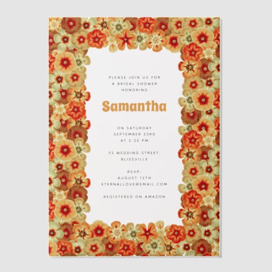 Invitations En Vélin Fête des mariées super Retro Orange Hippie Fleurs (Recto)