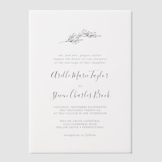 Invitations En Vélin Feuille minimale Mariage traditionnel simple de ve (Recto)