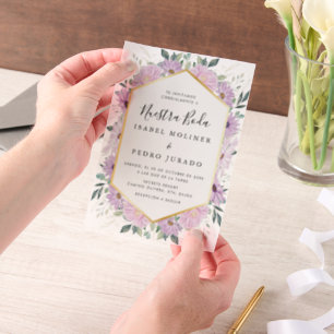 Invitations En Vélin Feuilles d'or floral violet Nuestra Boda Mariage