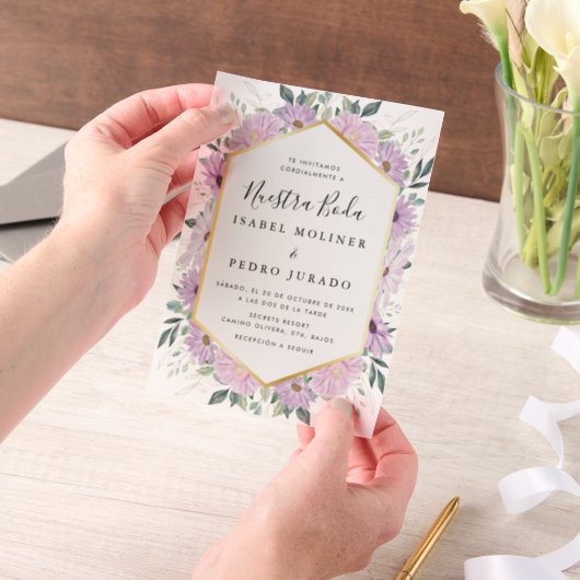 Invitations En Vélin Feuilles d'or floral violet Nuestra Boda Mariage (Ordinateur de poche)