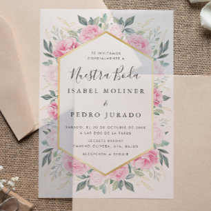 Invitations En Vélin Feuilles d'or rose Floral Nuestra Boda Mariage