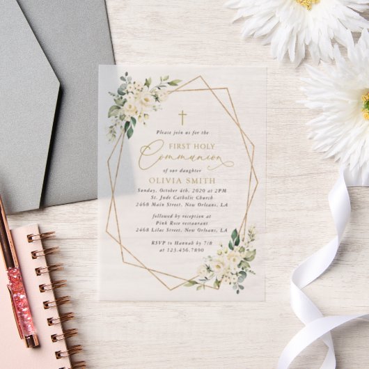 Invitations En Vélin Fleurs blanches crème, Boho, Première Sainte Commu (Mariage)