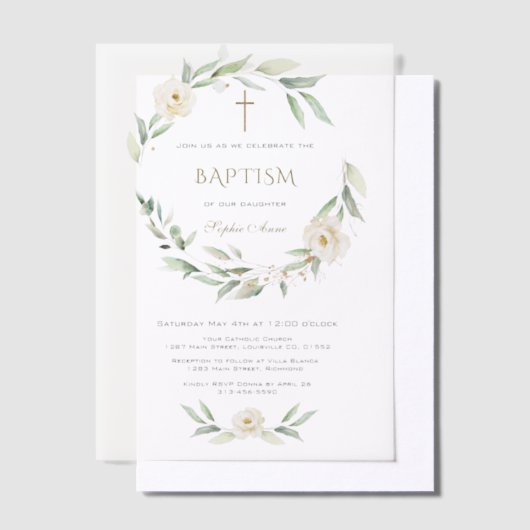 Invitations En Vélin Fleurs blanches dorées Croix Baptême (Compenser)