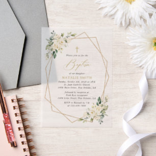Invitations En Vélin Fleurs blanches, Fleurs crème, Bohème, Baptême flo