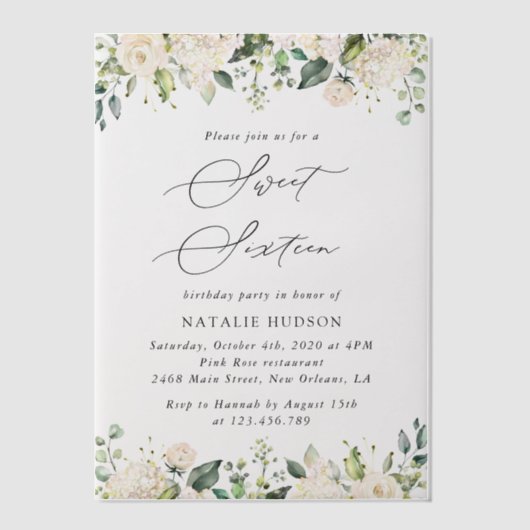Invitations En Vélin Fleurs blanches, Fleurs de crème, Boho, Sweet 16 (Recto)