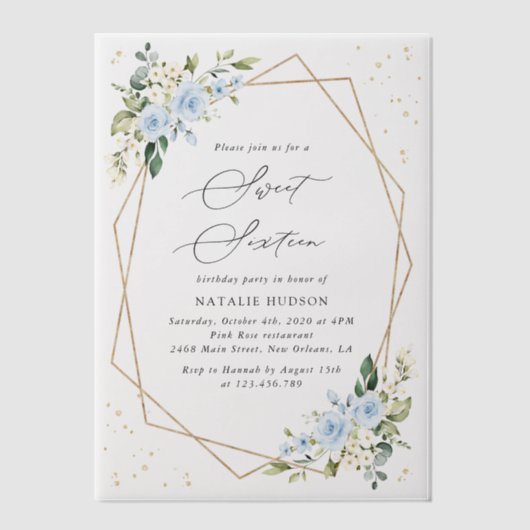 Invitations En Vélin Fleurs bleues, Fleurs blanches, Verdure, Doux 16 (Recto)