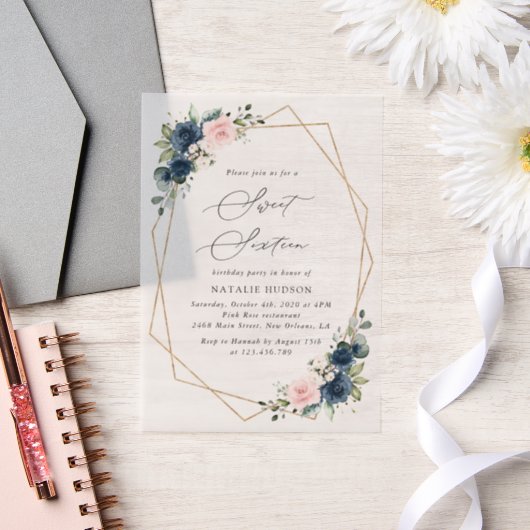 Invitations En Vélin Fleurs Bleues Marine, Fleurs Roses, Boho, Sweet 16 (Mariage)