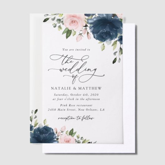 Invitations En Vélin Fleurs Bleues Marine, Fleurs Roses, Mariage Floral (Compenser)