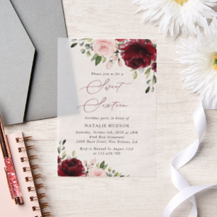 Invitations En Vélin Fleurs Bourgogne, Fleurs roses, Boho, Sweet 16