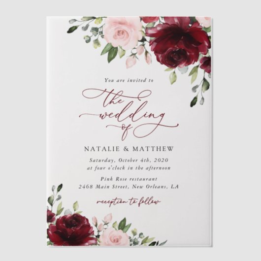 Invitations En Vélin Fleurs Bourgogne, Fleurs roses, Verdure, Mariage (Recto)