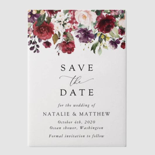 Invitations En Vélin Fleurs Bourgogne, Fleurs roses, Verdure, Mariage (Recto)