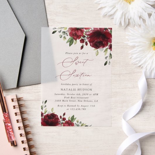 Invitations En Vélin Fleurs Bourgogne, Fleurs rouges, Verdure, Doux 16 (Mariage)