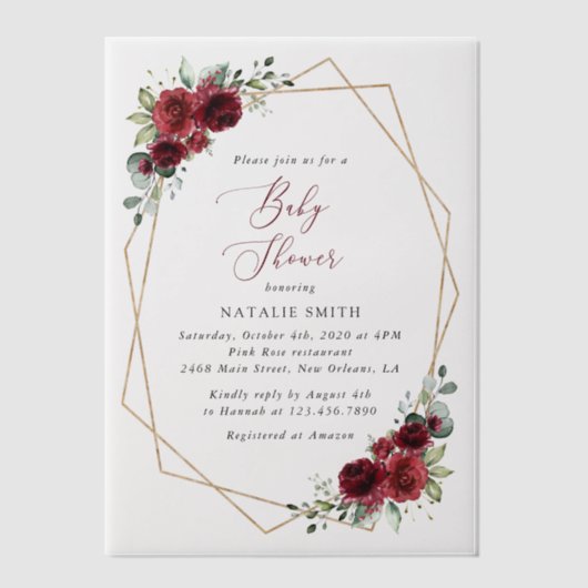 Invitations En Vélin Fleurs Bourgognes, Fleurs Rouges, Baby shower (Recto)