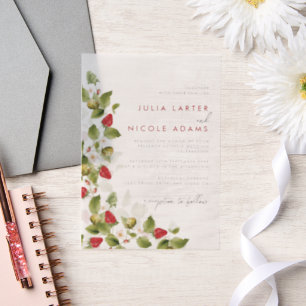 Invitations En Vélin Fleurs de Fraisier Sauvage Rouge Doux Mariage