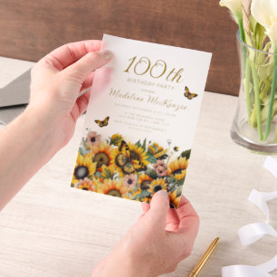 Invitations En Vélin Fleurs de soleil papillons 100e fête d'anniversair