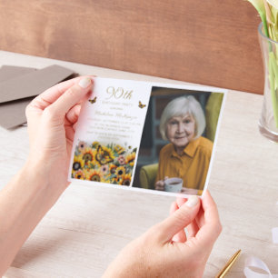 Invitations En Vélin Fleurs de soleil papillons 90e anniversaire femme