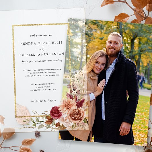 Invitations En Vélin Fleurs de terre cuite dorées d'automne