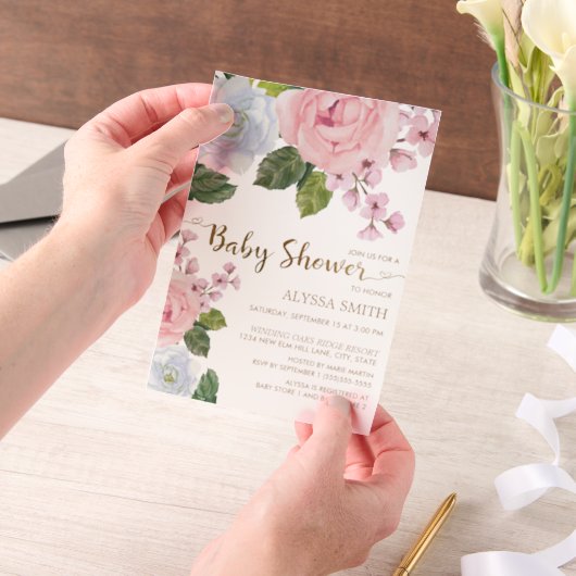 Invitations En Vélin Fleurs de verdure blanches roses pour bébé fille (Ordinateur de poche)