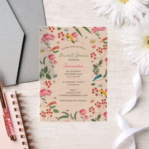 Invitations En Vélin Fleurs Dessinées à la Main Oiseaux Abeilles Fête d