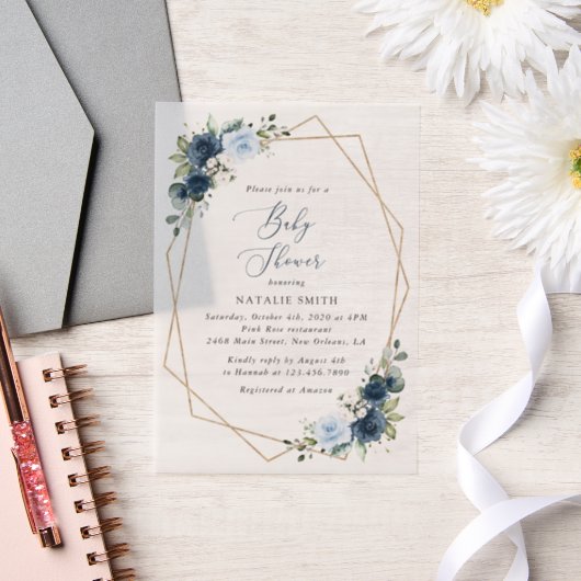Invitations En Vélin Fleurs marines, Fleurs bleues, Verdure, Baby showe (Mariage)