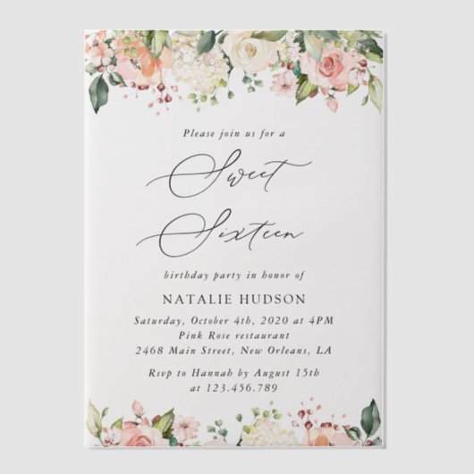 Invitations En Vélin Fleurs roses, Fleurs blanches, Boho, Sweet 16 (Recto)