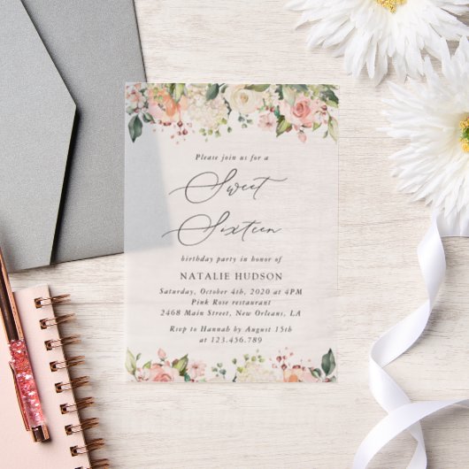 Invitations En Vélin Fleurs roses, Fleurs blanches, Boho, Sweet 16 (Mariage)