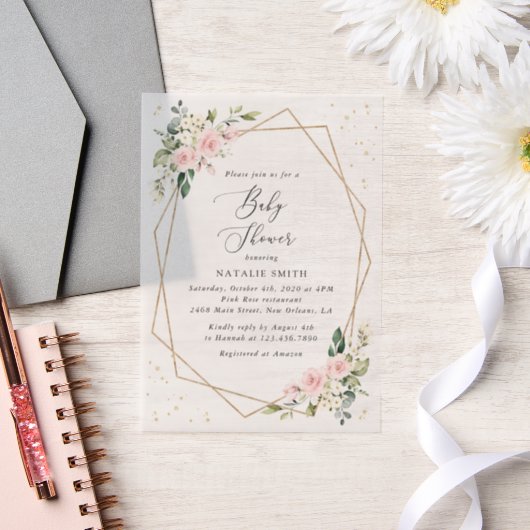Invitations En Vélin Fleurs roses, Fleurs blanches, Verdure, Baby showe (Mariage)