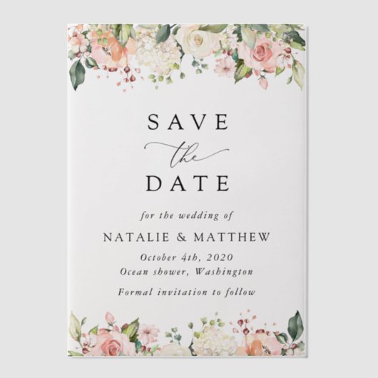 Invitations En Vélin Fleurs roses, Fleurs blanches, Verdure, Mariage (Recto)