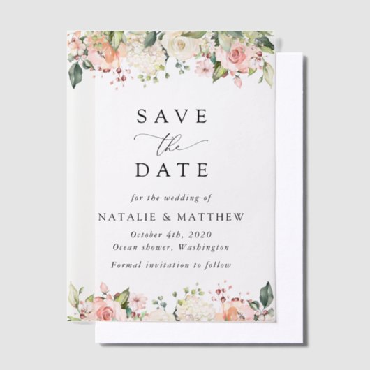 Invitations En Vélin Fleurs roses, Fleurs blanches, Verdure, Mariage (Compenser)