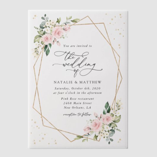 Invitations En Vélin Fleurs roses, Fleurs blanches, Verdure, Mariage (Recto)