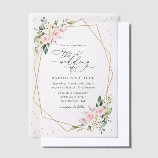 Invitations En Vélin Fleurs roses, Fleurs blanches, Verdure, Mariage (Compenser)
