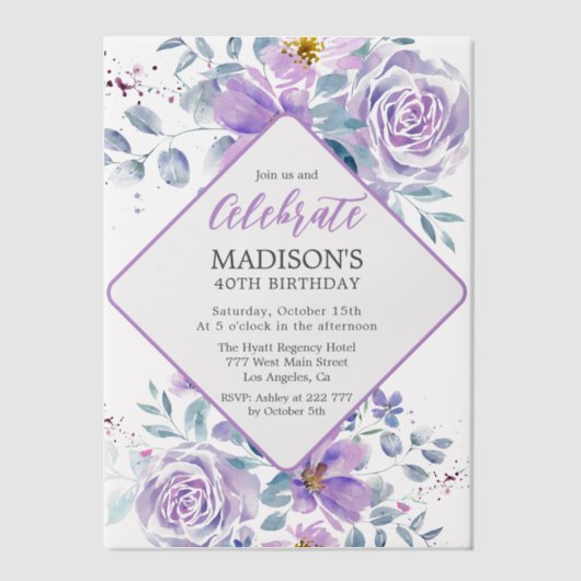 Invitations En Vélin Fleurs violettes Anniversaire (Recto)